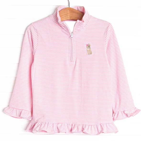 Preorder moq 5 Baby Girls Pink Stripes Dogs Bows Zip Pullovers Tops