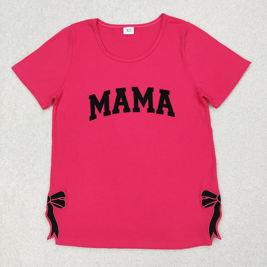 Embroidery Adult Women Mama Bows Short Sleeve Tee Shirts Tops