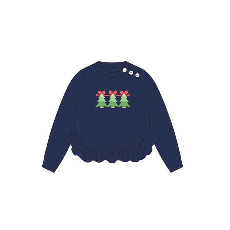 Baby Girls Navy Long Sleeves Tree Hats Ruffle Tee Shirts Top Preorder