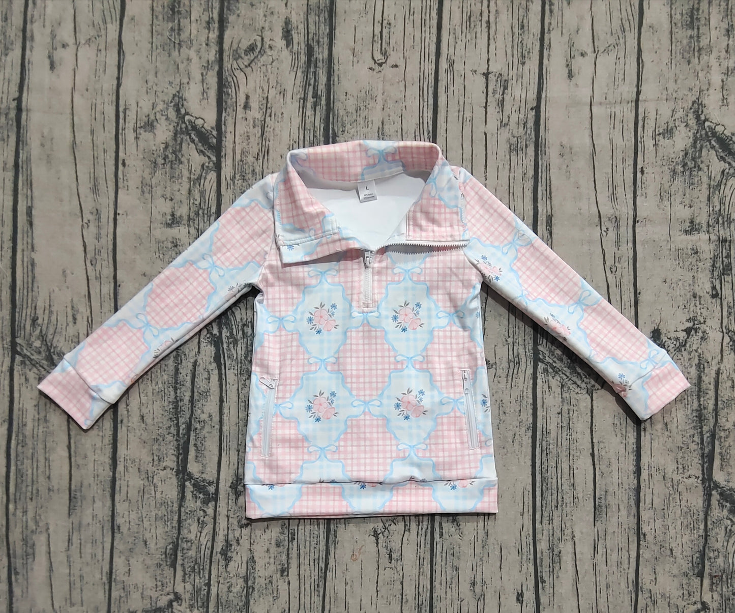 Baby Girls Pink Flowers Plaid Pockets Zipper Yoga Active Pullovers Top