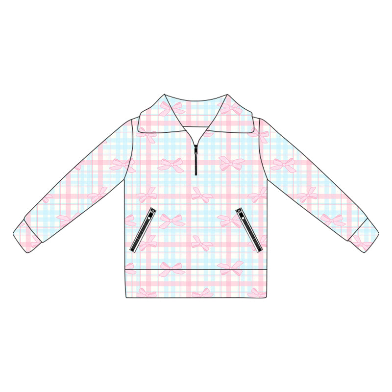 Baby Girls Long Sleeves Pink Bows Plaid Pockets Zipper Yoga Jackets Preorder