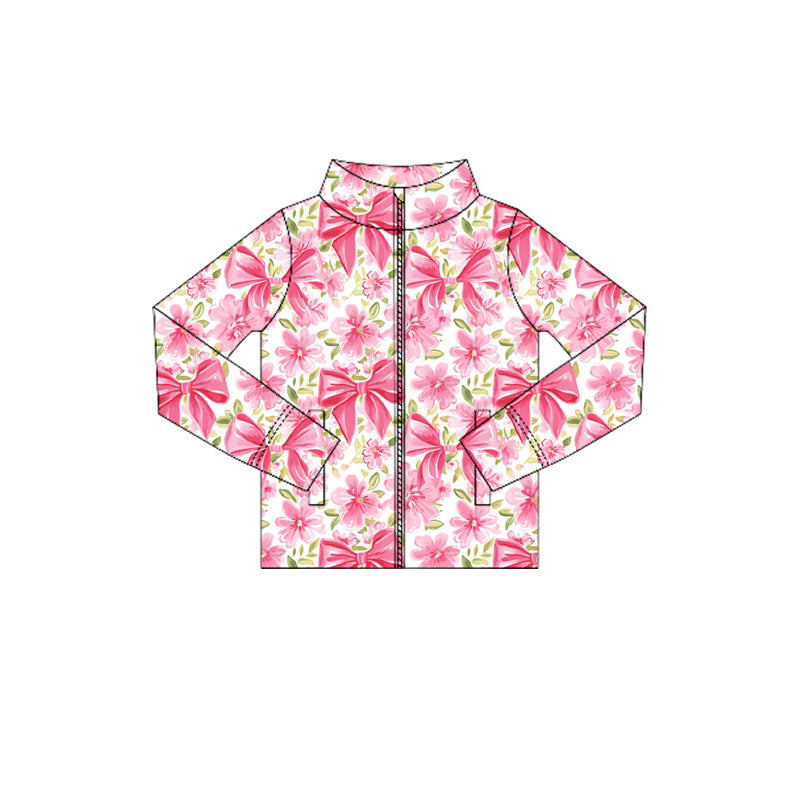 Baby Girls Long Sleeves Pink Flower Bows Zipper Pockets Yoga Jacket Top Preorder