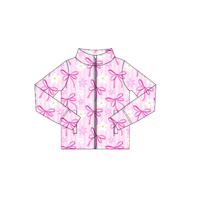 Baby Girls Long Sleeves Pink Stripe Daisy Bows Zipper Pockets Yoga Jacket Top Preorder