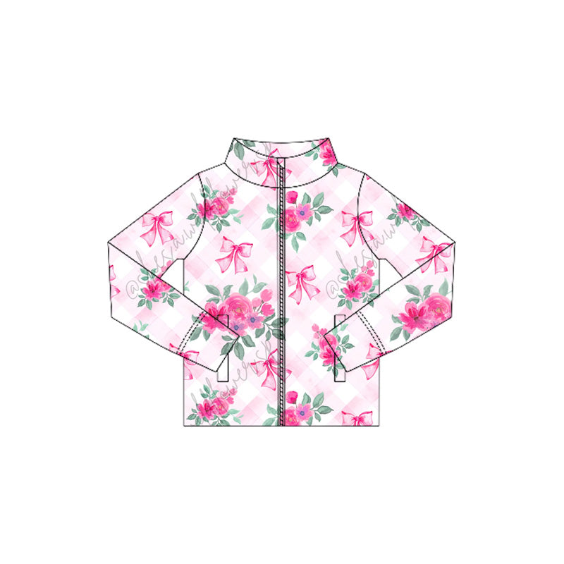 Baby Girls Long Sleeves Pink Plaid Floral Bows Zipper Pockets Yoga Jacket Top Preorder