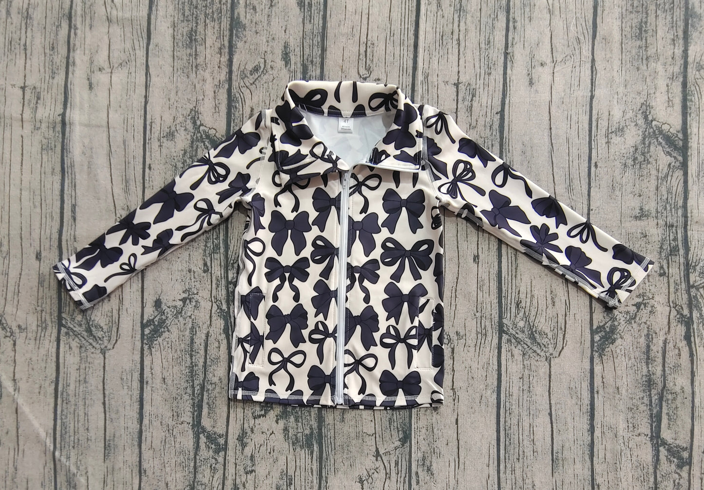 Baby Girls Long Sleeves Black Bows Zipper Pockets Yoga Jacket Tops