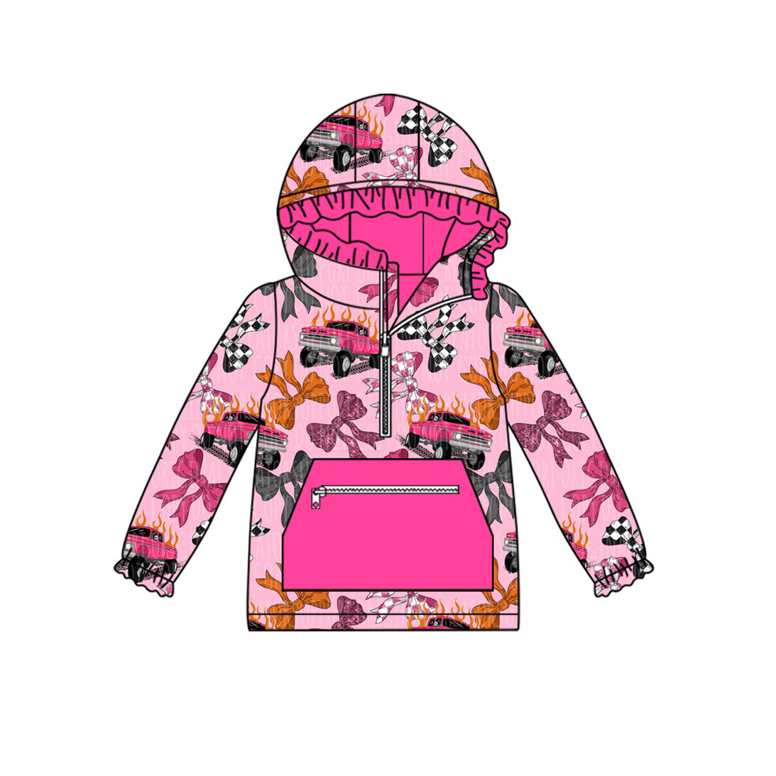 Preorder moq 5 Baby Girls Bows Cars Pockets Zipper Ruffle Hoodies Top