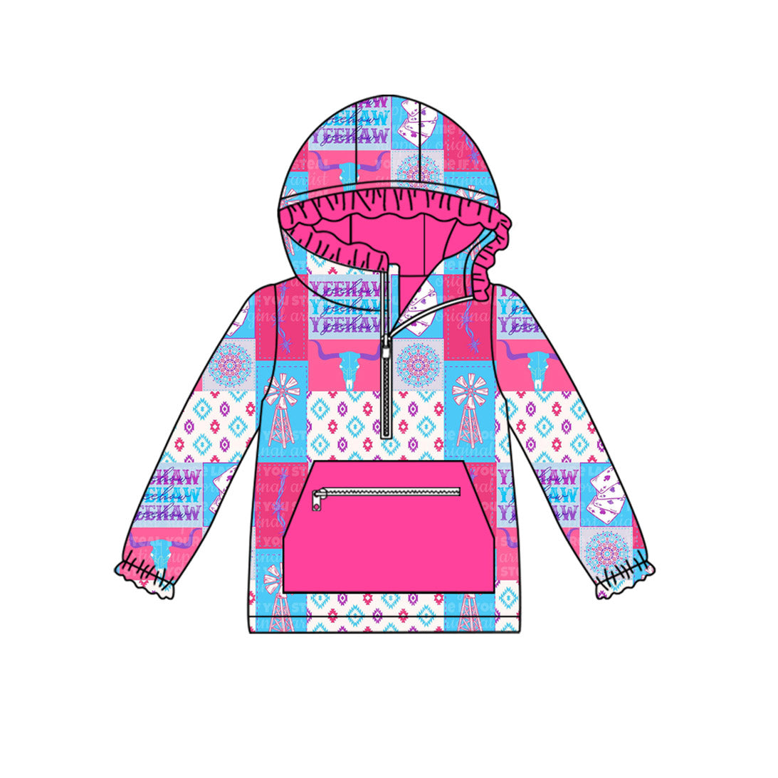 Baby Girls Long Sleeves Aztec Bull Skull Plaid Pockets Zipper Hoodies Top Preorder