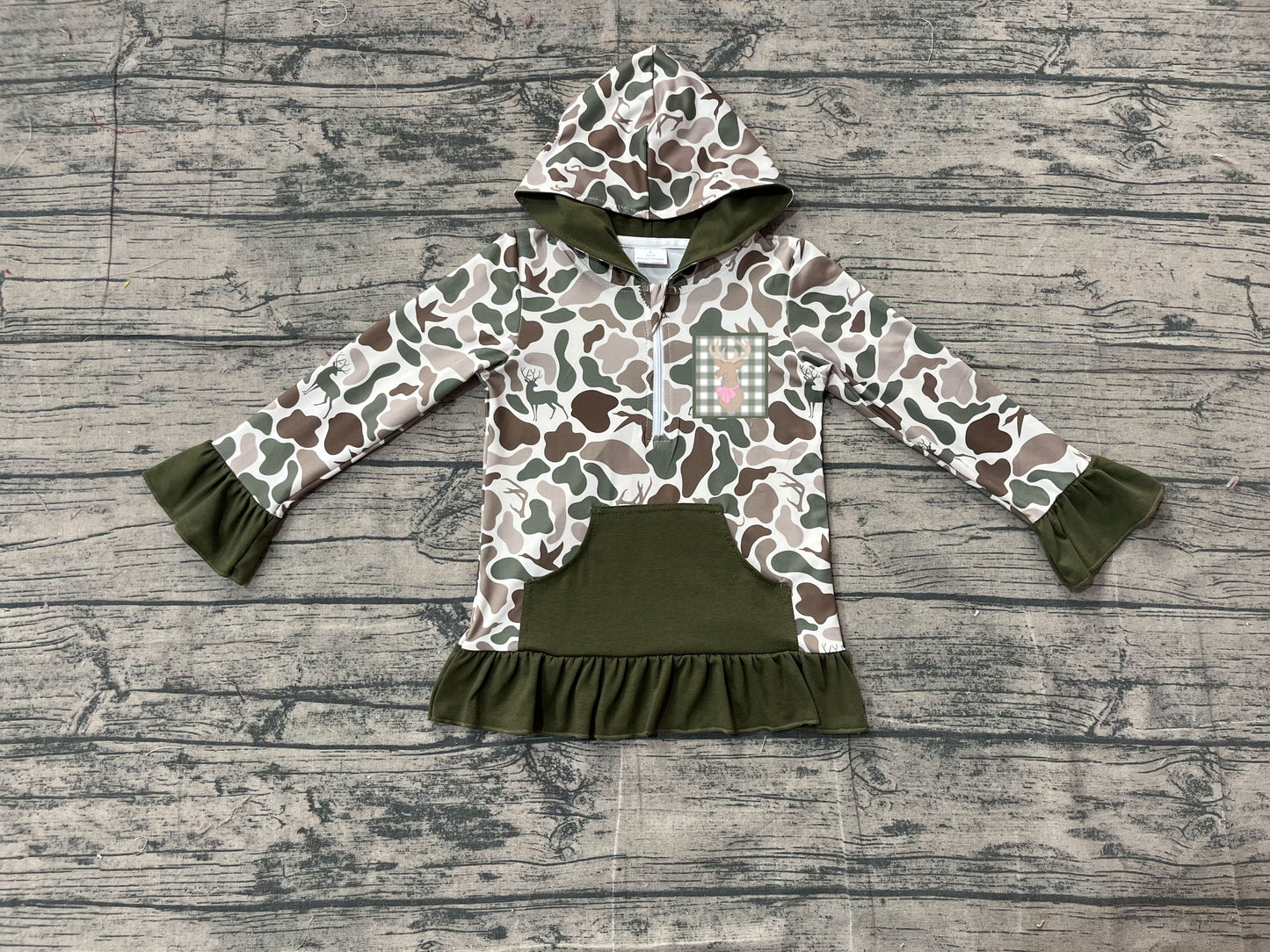 Embroidery Deer Baby Girls Green Camo Pockets Zipper Hunting Hoodies Top