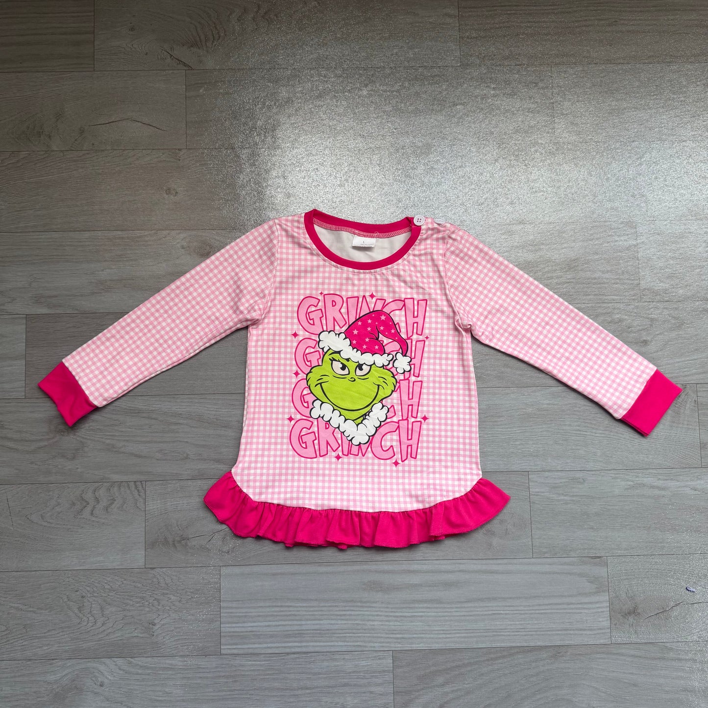 Baby Girls Pink Checked Green Face Christmas Ruffle T-shirts Top