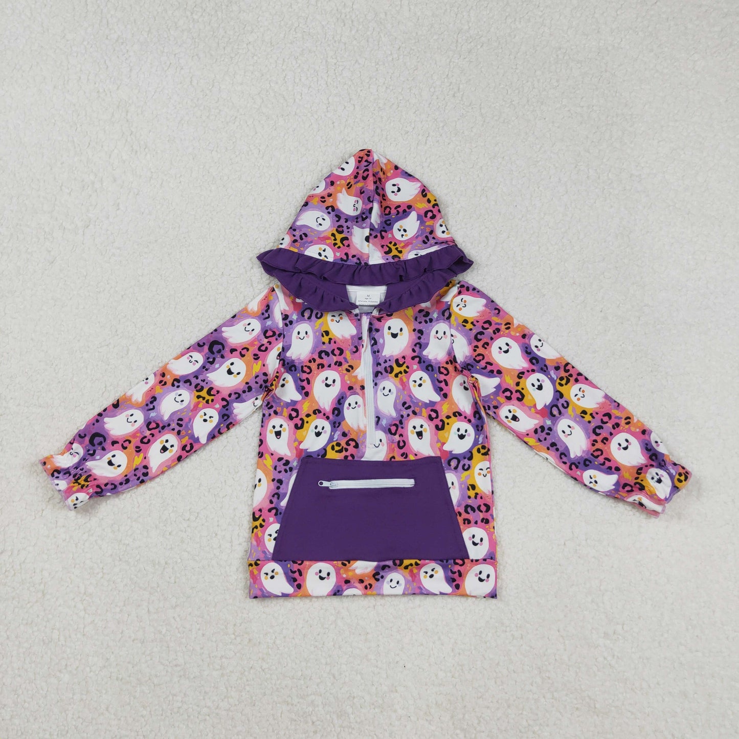 Sibling Baby Girls Colorful Patchwork Ghosts Pocket Zipper Halloween Hoodies Top