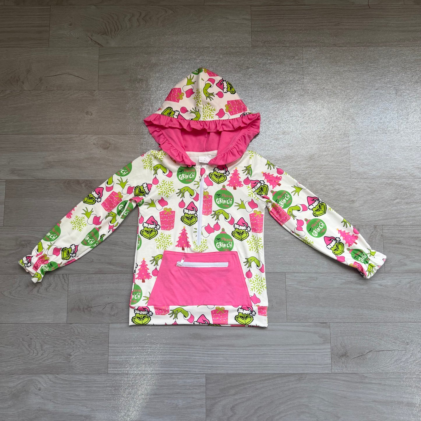 Baby Girls Green Face Gifts Pocket Zip Christmas Ruffle Hoodies Top