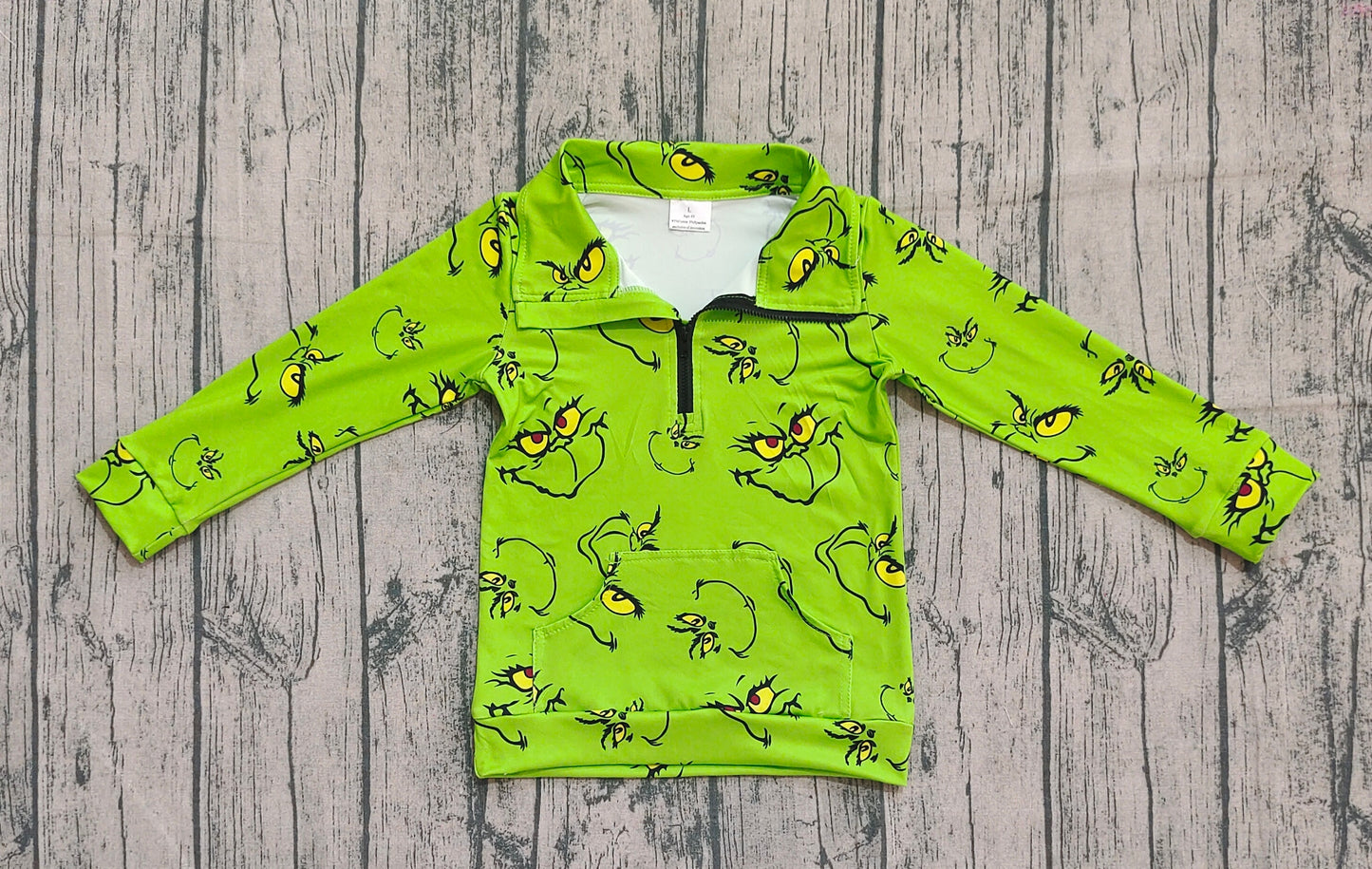 Baby Kids Green Face Pockets Zipper Christmas Pullovers Tops