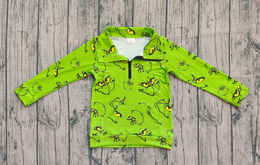 Baby Kids Green Face Pockets Zipper Christmas Pullovers Tops