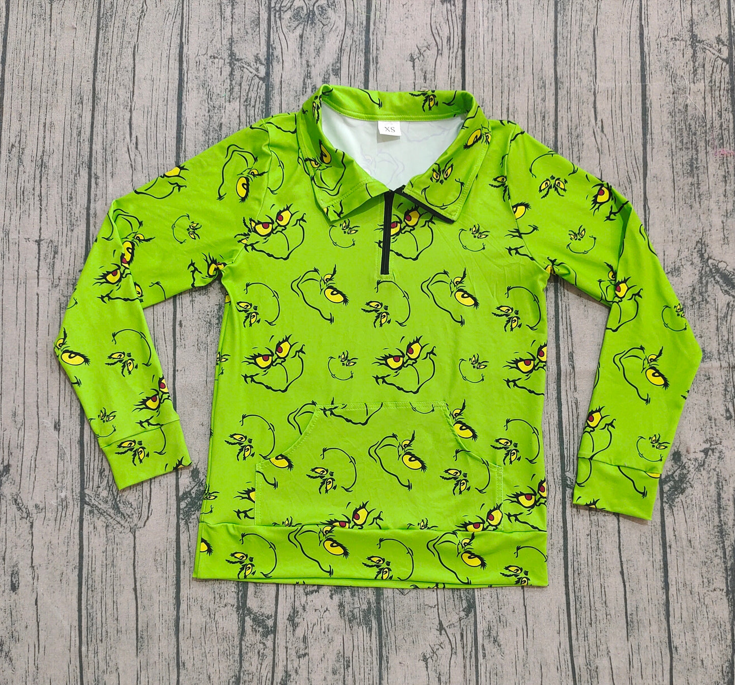 Adult Women Green Face Plaid Pocket Zipper Christmas Pullover Top