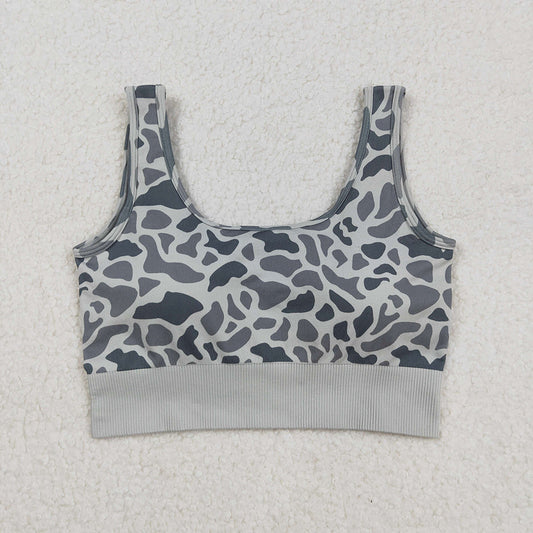 Adult Women Grey Camo Knitted Yoga Crop Bra Tops