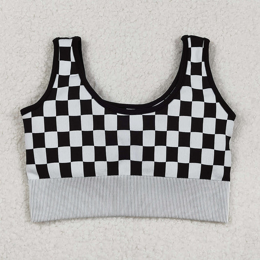 Adult Women Black Checkered Knitted Yoga Crop Bra Tops