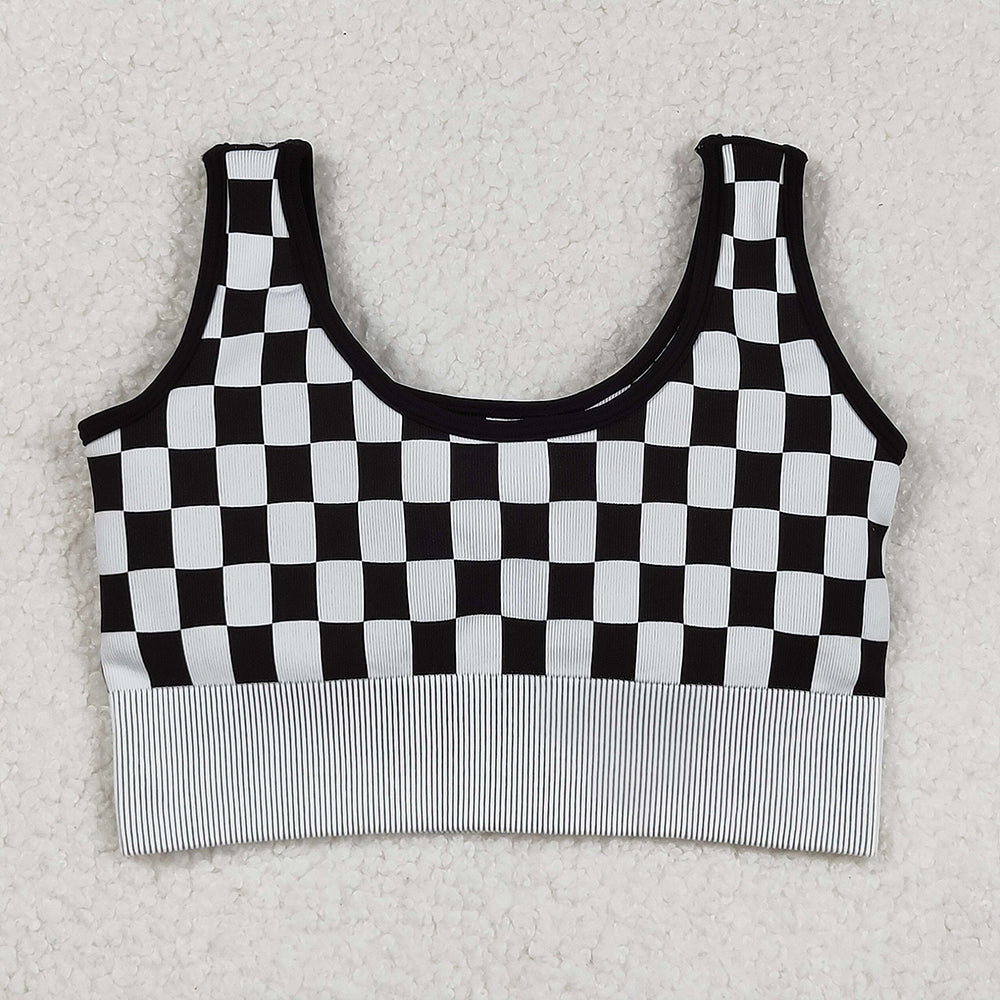 Adult Women Black Checkered Knitted Yoga Crop Bra Tops