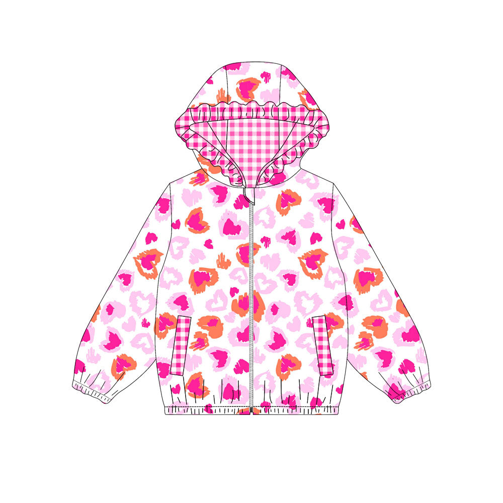 Baby Girls Pink Hearts Leopard Pocket Zipper Ruffle Hoodies Jackets Top Preorder