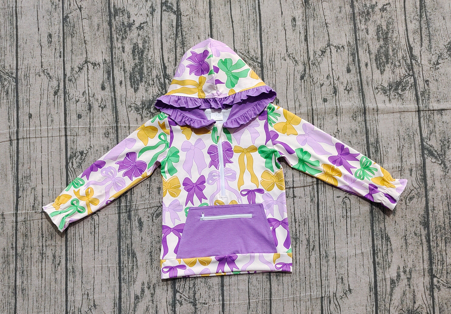 Baby Girls Mardigras Bows Pocket Zipper Ruffle Hoodies Top
