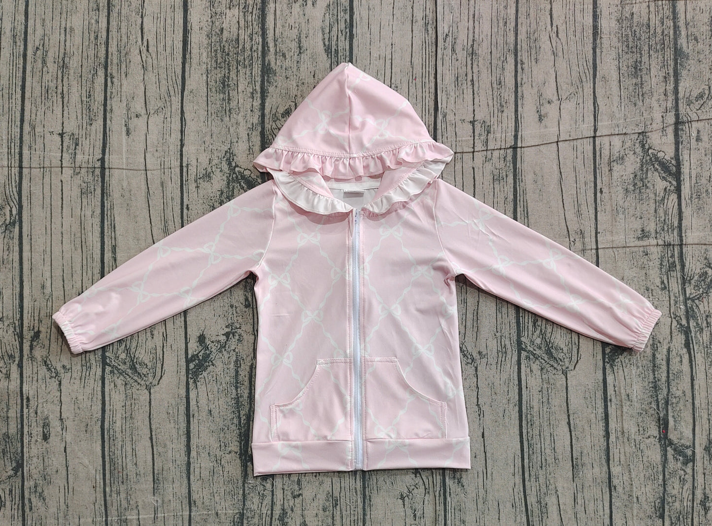 Baby Girls Pink Bows Checked Pocket Zipper Ruffle Hoodies Jackets Top Preorder