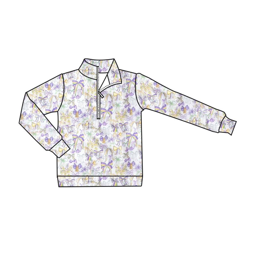 Baby Girls Long Sleeve Mardigras Bows Zipper Pullovers Top Preorder