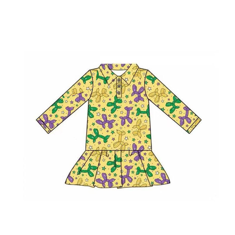 Baby Girls Yellow Long Sleeve Stars Dogs Mardigras Button Ruffle Top Preorder