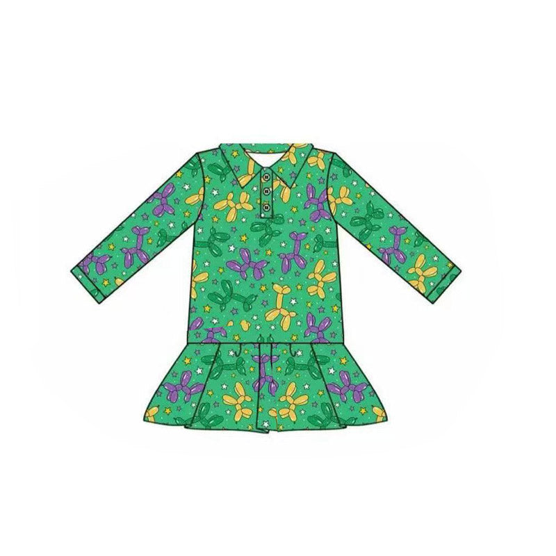 Baby Girls Green Long Sleeve Stars Dogs Mardigras Button Ruffle Top Preorder