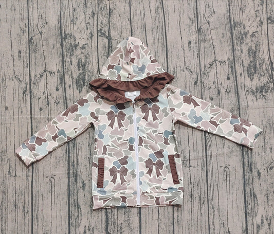 Baby Girls Bows Camo Pockets Zipper Hunting Ruffle Hoodies Top