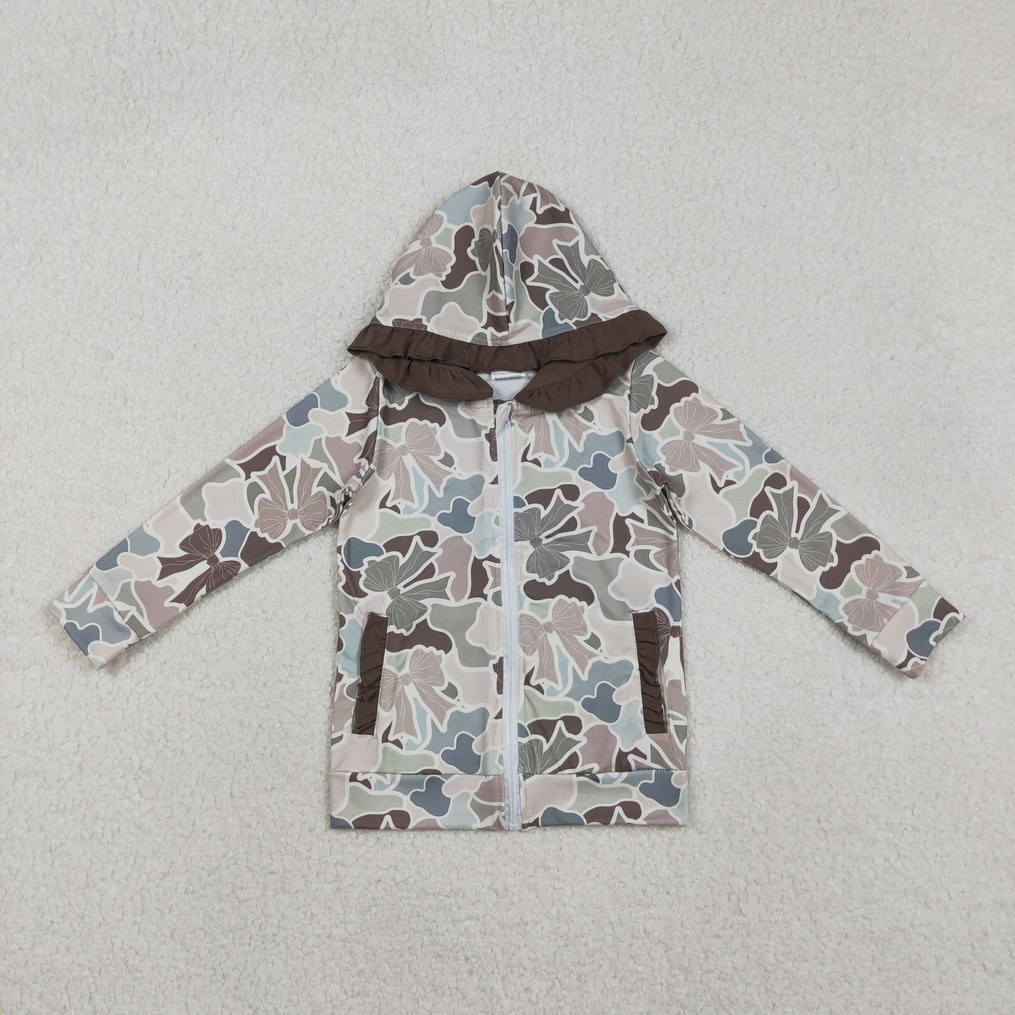 Mama and Me Southern Grey Bows Camo Pockets Zipper Ruffle Hoodie Jackets Top