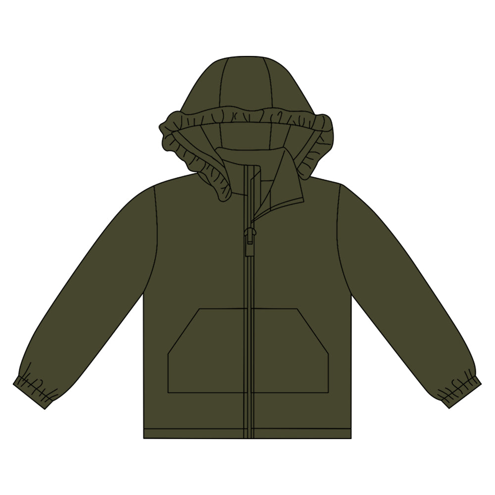 Baby Girls Olive Long Sleeve Pockets Zipper Yoga Ruffle Hoodie Jackets Preorder