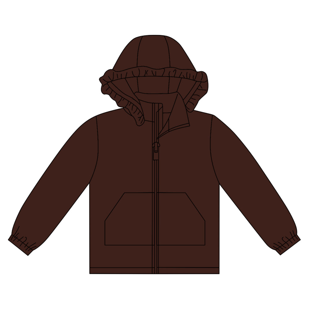 Baby Girls Brown Long Sleeve Pockets Zipper Yoga Ruffle Hoodie Jackets Preorder