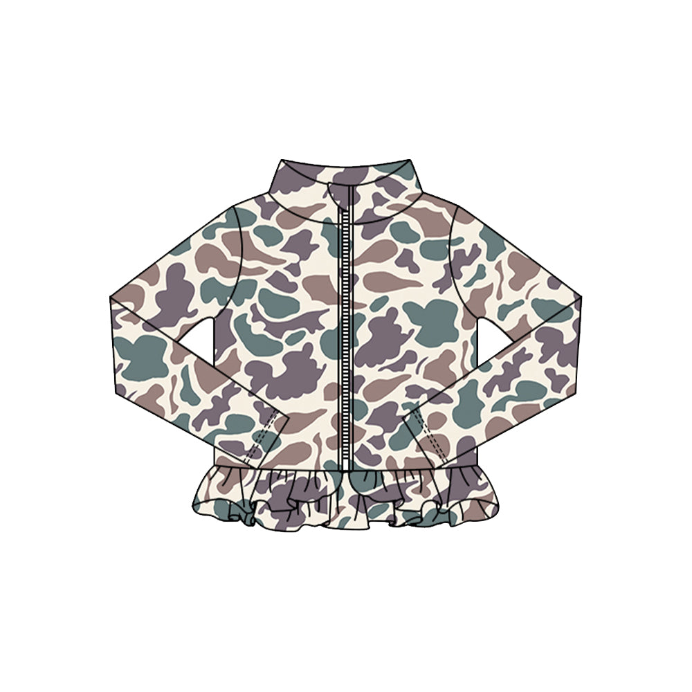 Baby Girls Grey Camo Ruffle Yoga Zipper Jackets Top Preorder