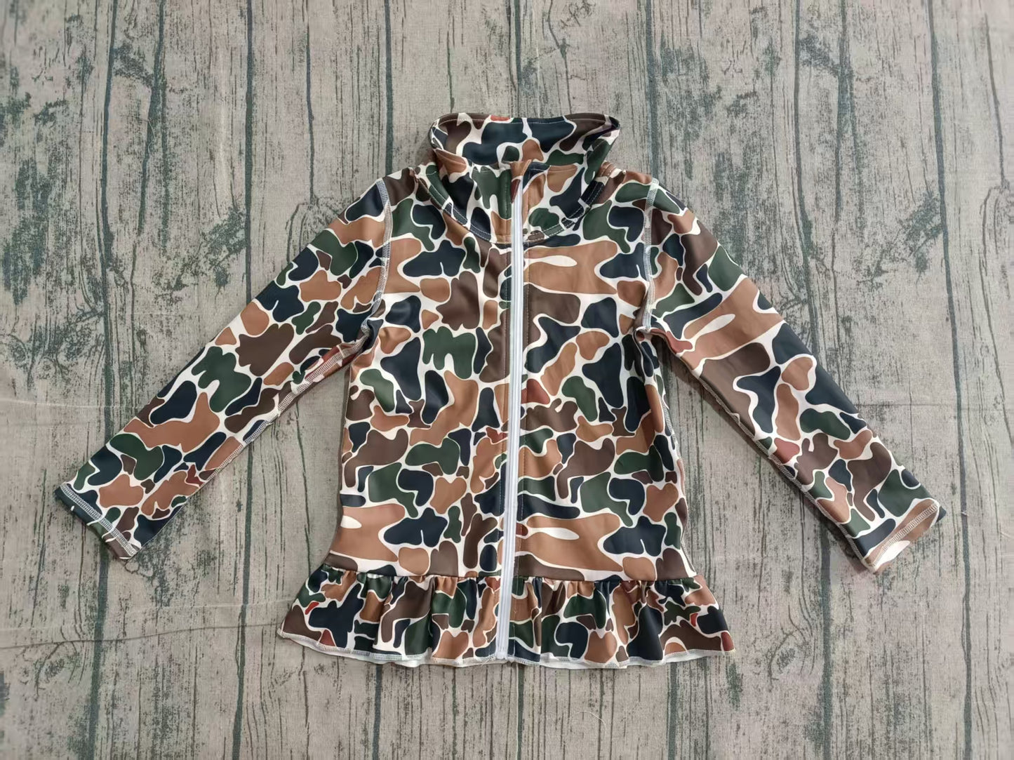 Baby Girls Southern Dark Brown Camo Yoga Active Zip Ruffle Jackets Top