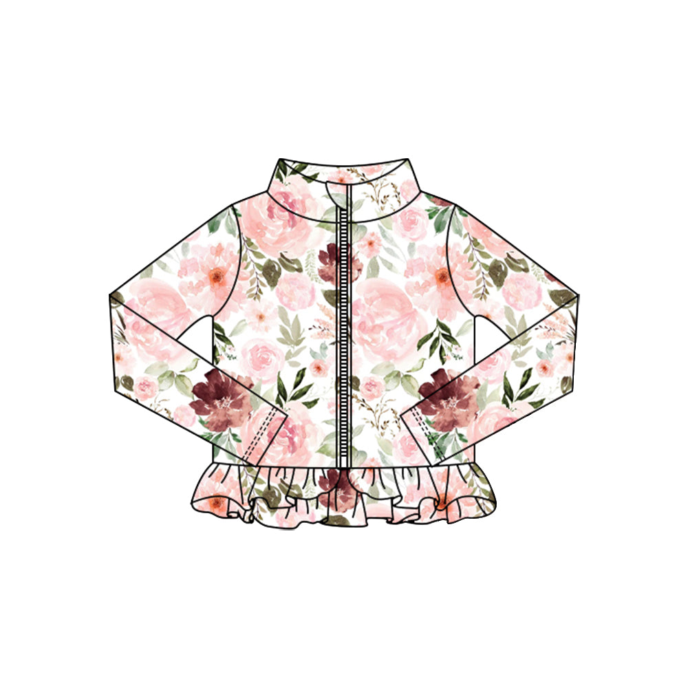Baby Girls Pink Flowers Ruffle Yoga Zipper Jackets Top Preorder