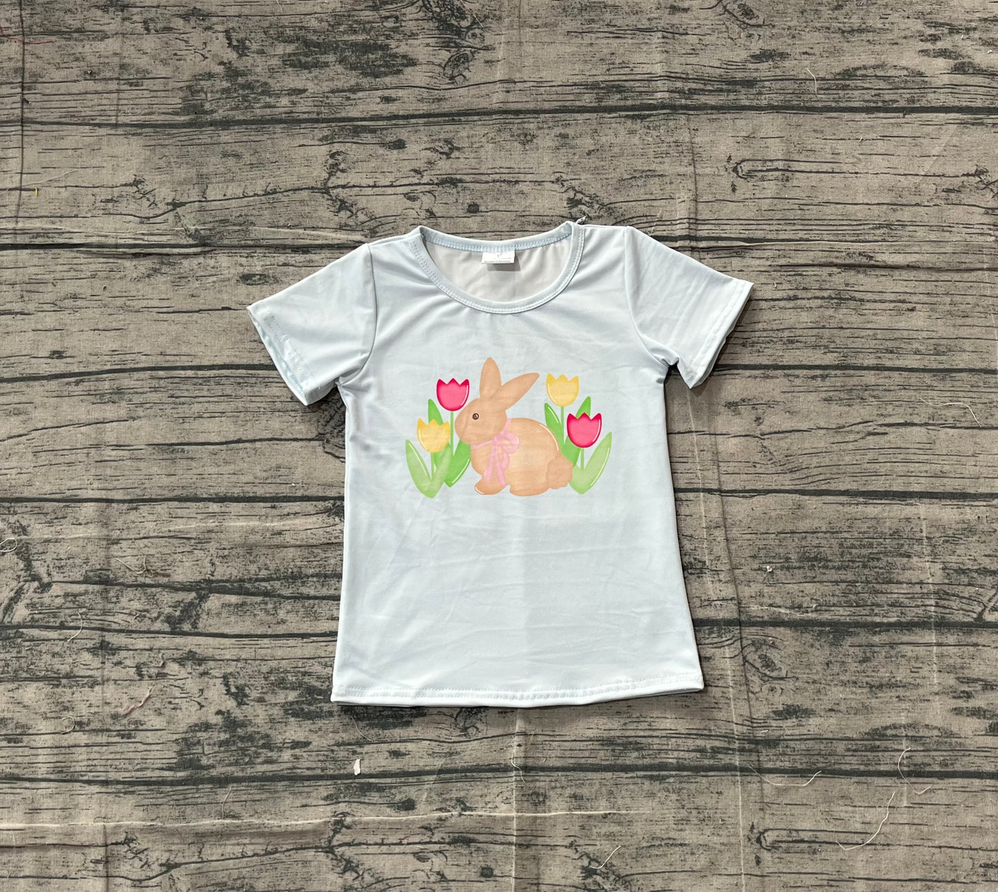 Baby Girls Blue Short Sleeve Flowers Rabbits Easter T-shirts Top