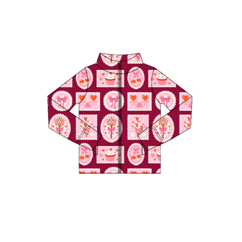 Baby Girls Long Sleeve Hearts Cakes Checked Zipper Pockets Valentine Yoga Jackets Top Preorder