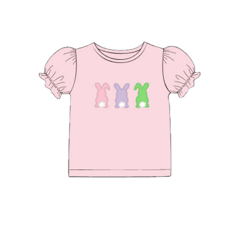 Baby Girls Pink Short Ruffle Sleeve Colorful Rabbits Easter T-shirts Top Preorder