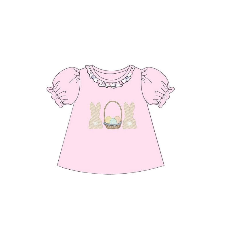 Baby Girls Pink Ruffle Sleeve Collar Rabbits Eggs Easter T-shirts Top Preorder