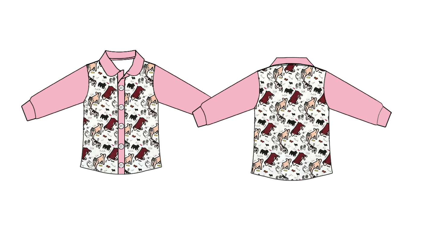Baby Girls Pink Long Sleeve Western Cows Button Polo Shirts Top Preorder