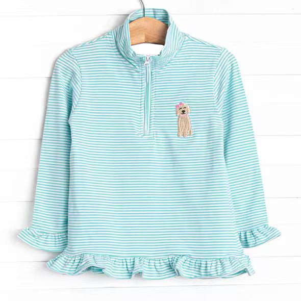 Baby Girls Long Ruffle Sleeve Aqua Stripe Dogs Zipper Hunting Pullovers Top Preorder
