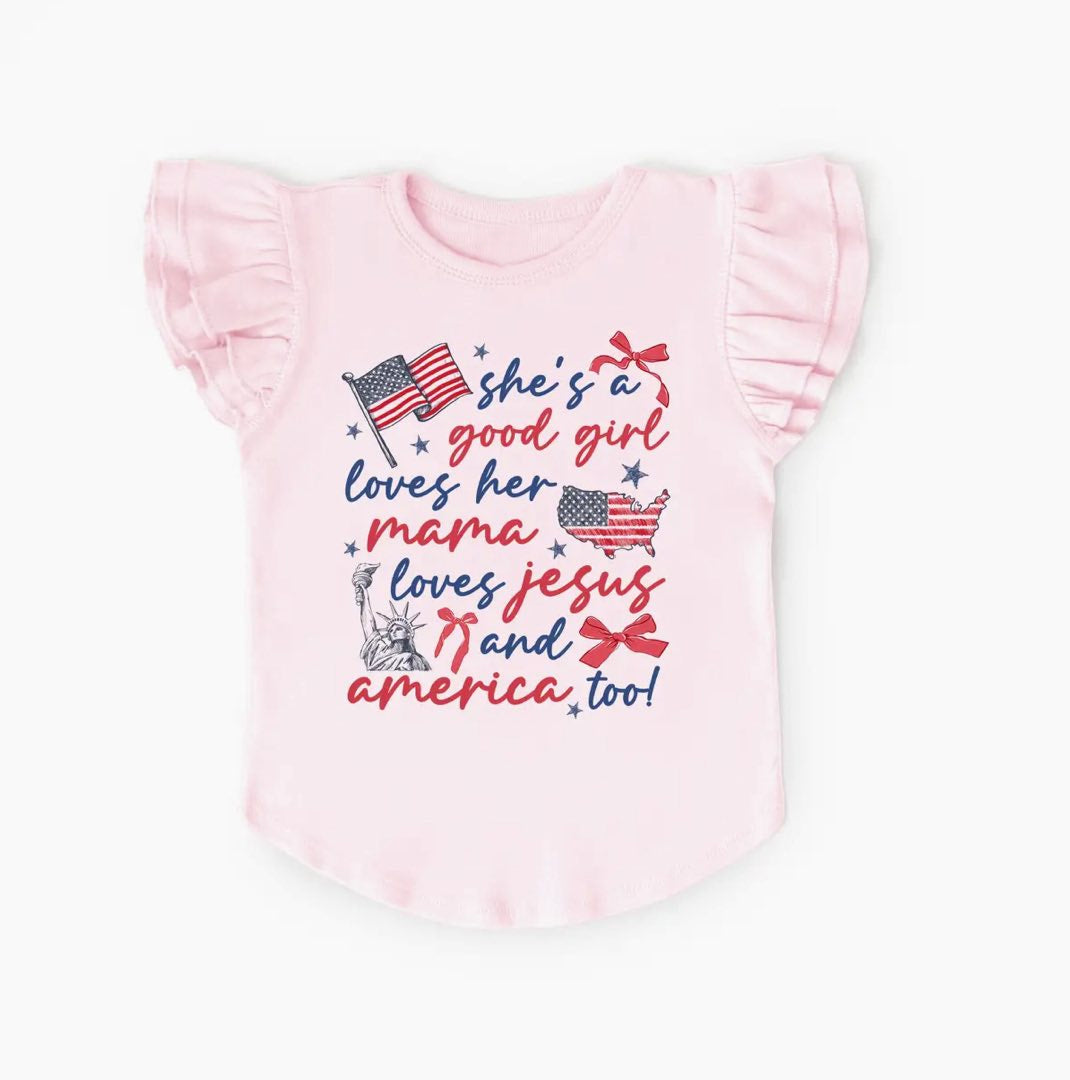 Baby Girls Pink Flutter Sleeve Flags She's a Good Girl 4th of July T-shirts Top Preorder