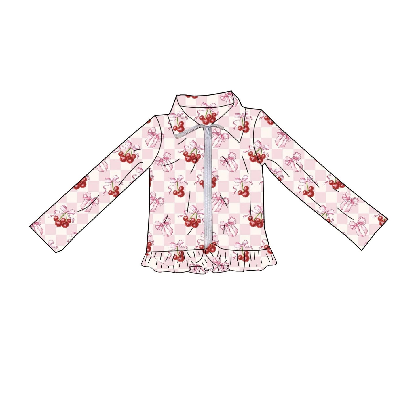 Baby Girls Long Sleeve Pink Checked Bows Cherry Yoga Zipper Jackets Top Preorder