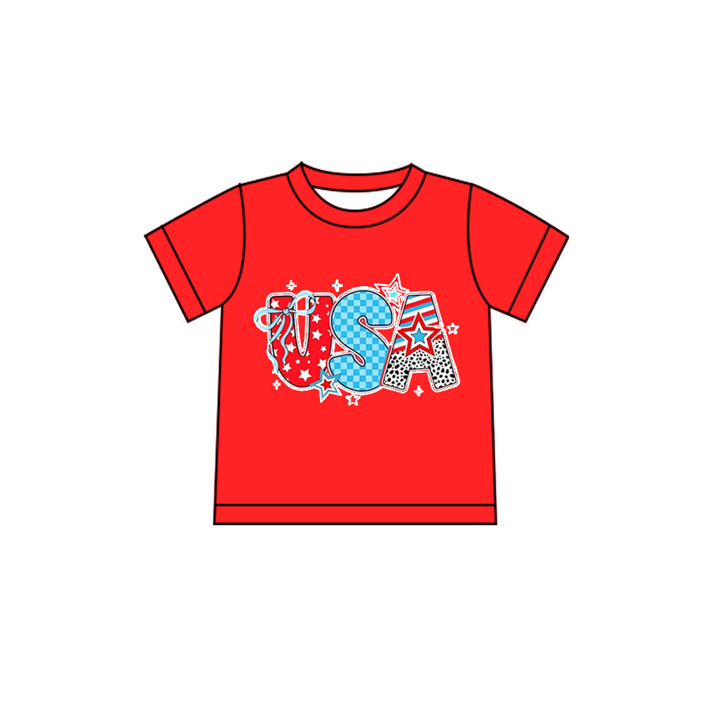 Baby Girls Red Short Sleeve USA Bows 4th of July T-shirts Top Preorder