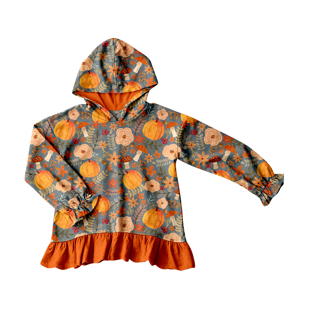 Baby Girls Flowers Pumpkins Fall Ruffle Hoodies Top Preorder