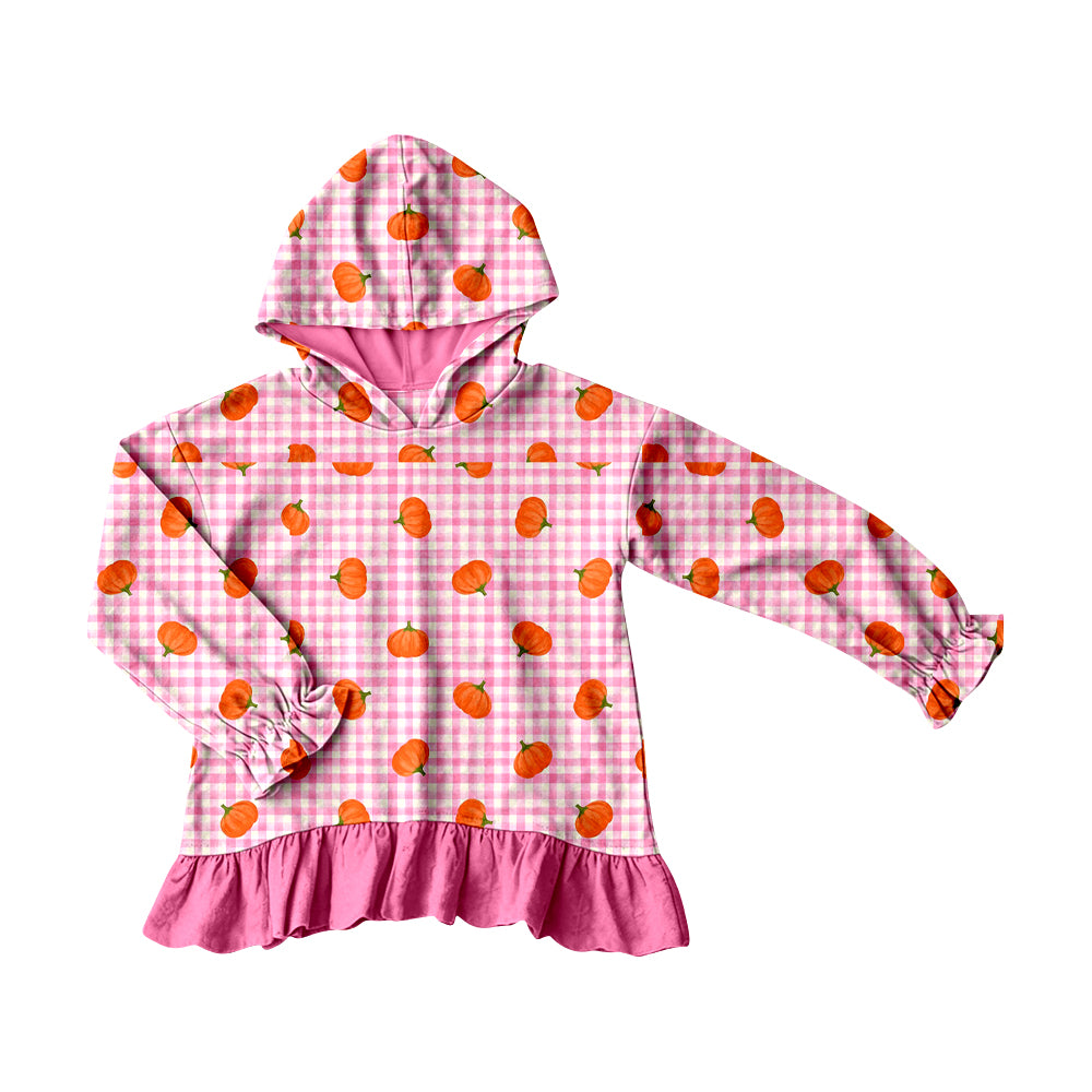 Baby Girls Pink Checked Pumpkins Fall Ruffle Hoodies Top Preorder