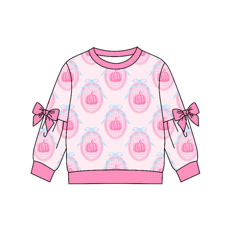 Baby Girls Long Sleeve Pink Bows Pumpkins Checked Fall T-shirt Top Preorder