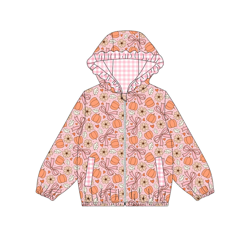 Baby Girls Long Sleeve Flowers Bows Pumpkins Fall Zip Pockets Hoodies Top Preorder