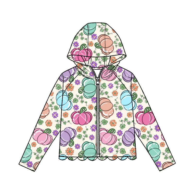 Baby Girls Colorful Pumpkins Flowers Fall Scallop Zipper Hoodie Top Preorder