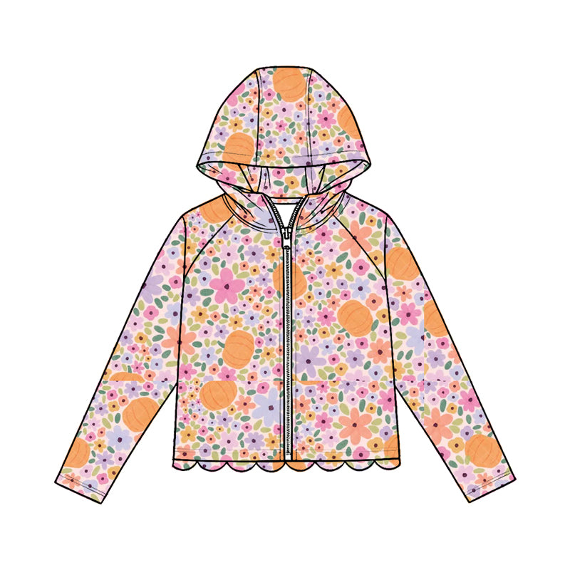 Baby Girls Colorful Pumpkins Flowers Fall Scallop Zipper Hoodie Top Preorder