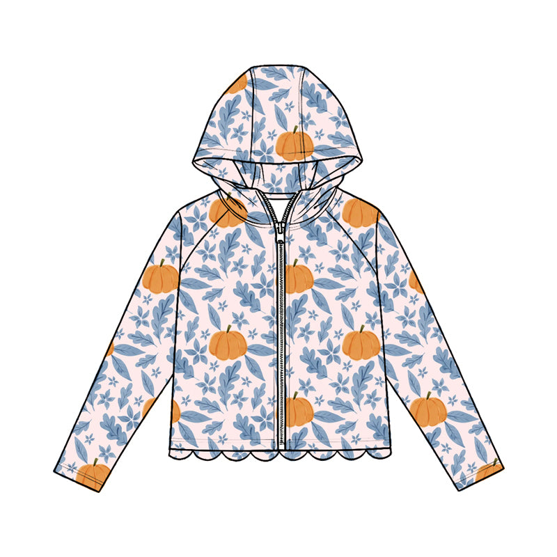 Baby Girls Blue Flowers Pumpkins Fall Scallop Zipper Hoodie Top Preorder
